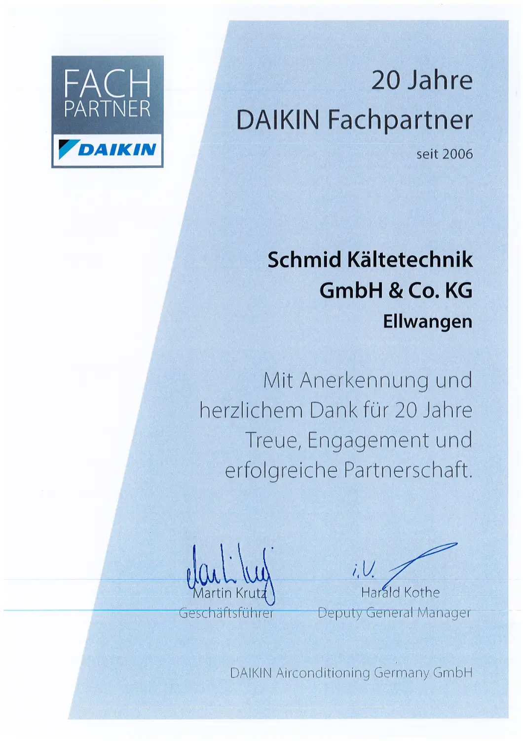 Partnerurkunde Daikin - 20 Jahre